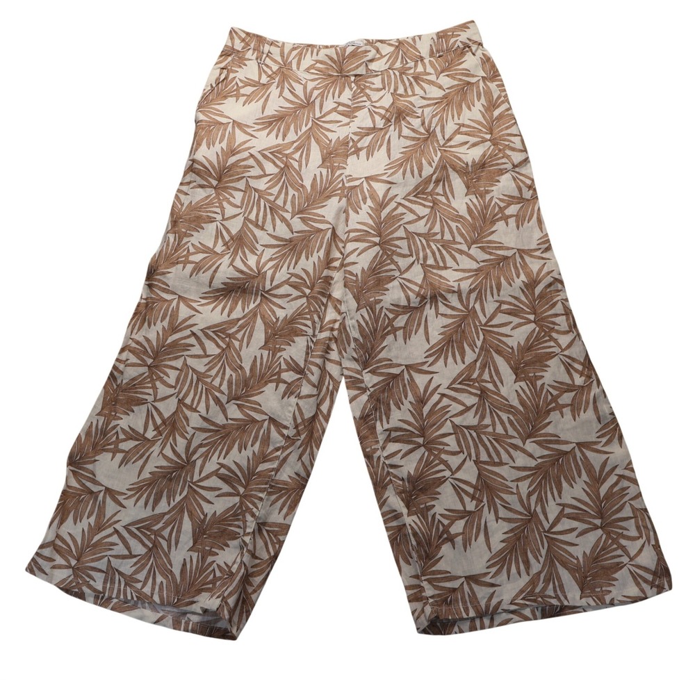 Nicole Miller Beige Cropped Wide-Leg Pants with Brown Leaf Print.